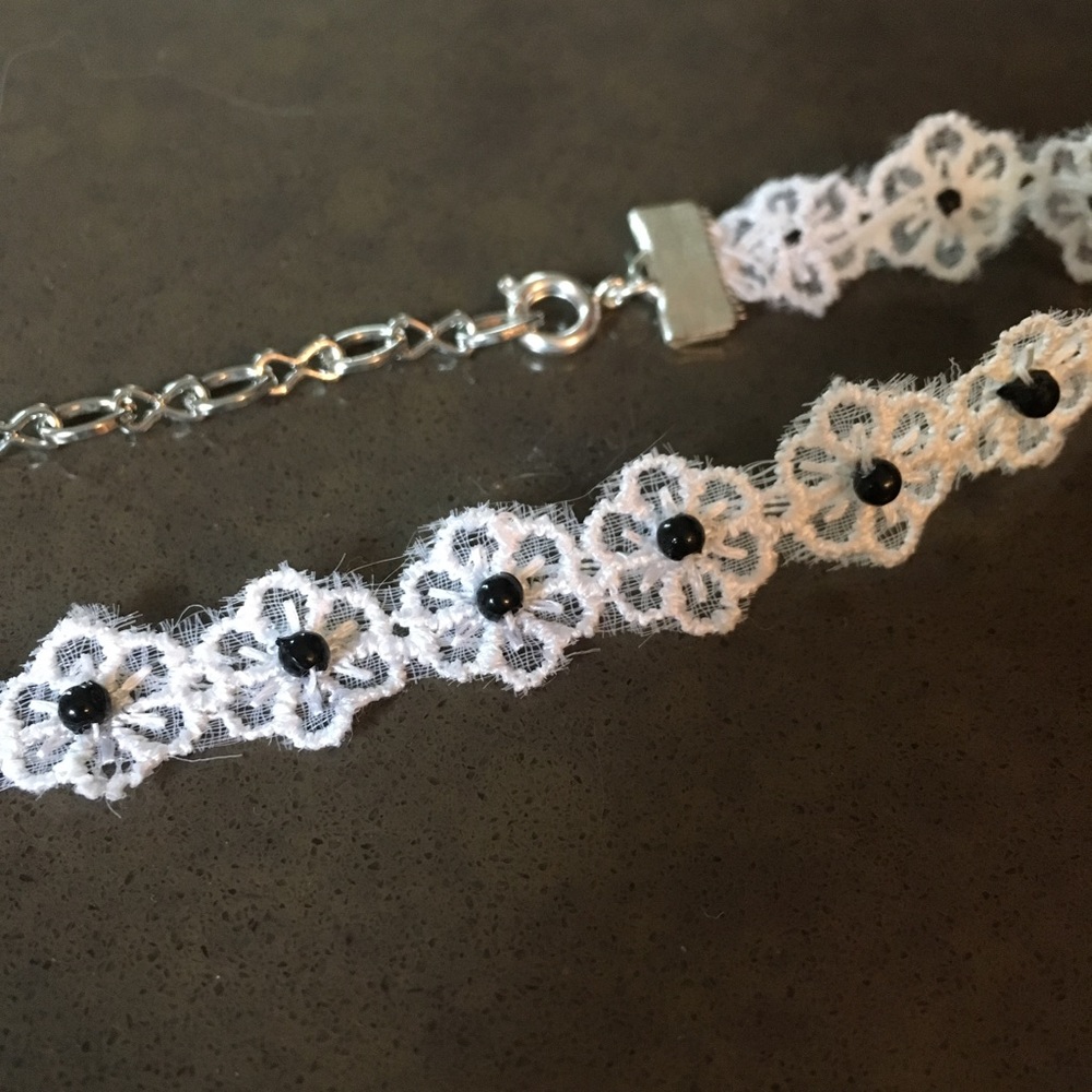 3/$10 White floral lace black beaded choker